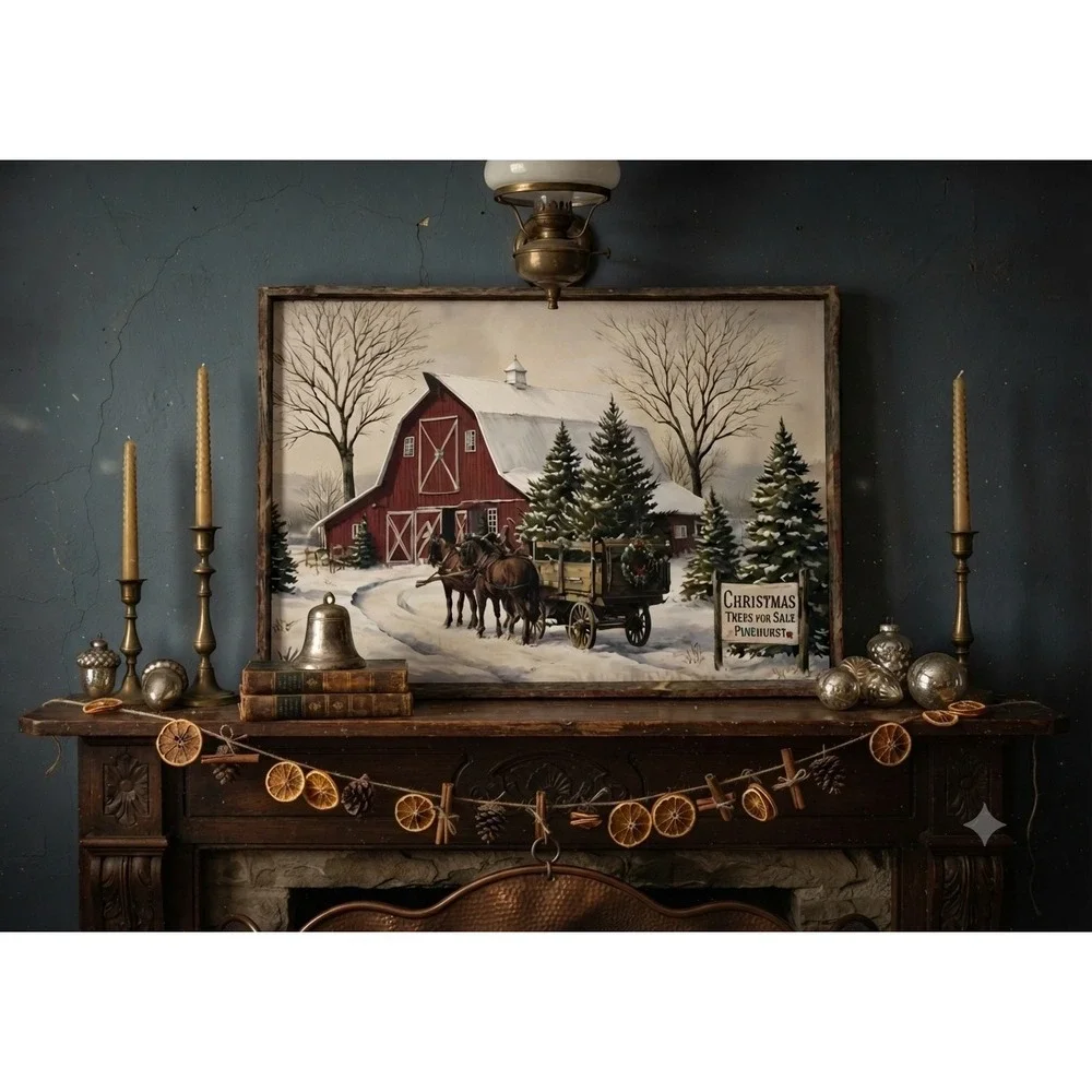 Rustic X-Mas Tree Farm Canvas Wall Art Red Barn Winter Decor 24x16 Wood Frame